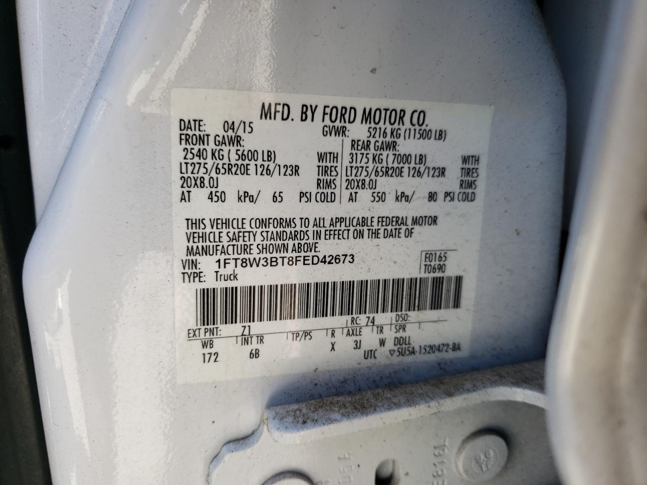 2015 Ford F350 Super Duty VIN: 1FT8W3BT8FED42673 Lot: 64042104