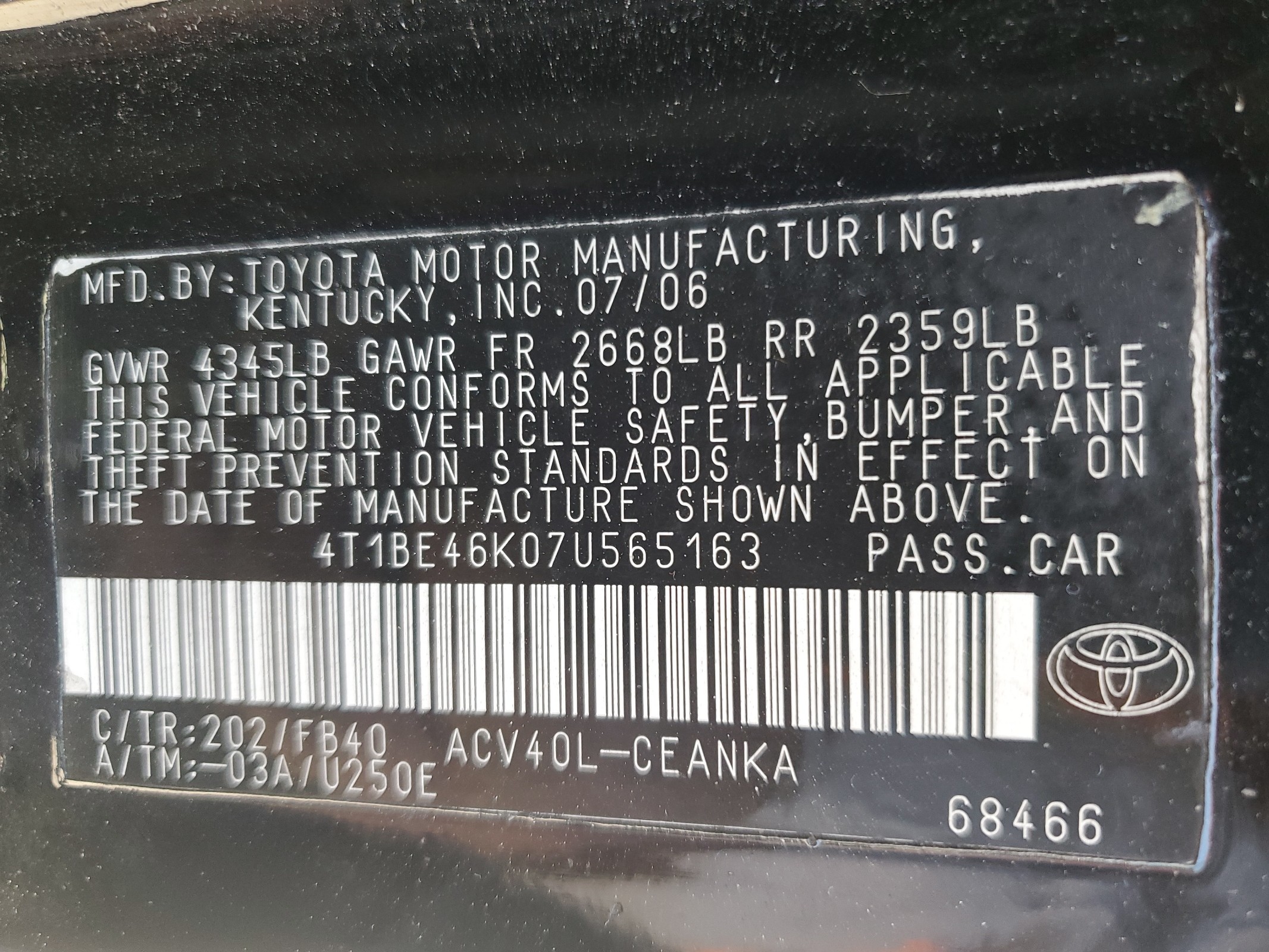 4T1BE46K07U565163 2007 Toyota Camry Ce