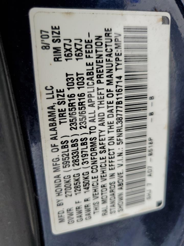 2007 Honda Odyssey Exl VIN: 5FNRL38777B116714 Lot: 63445404
