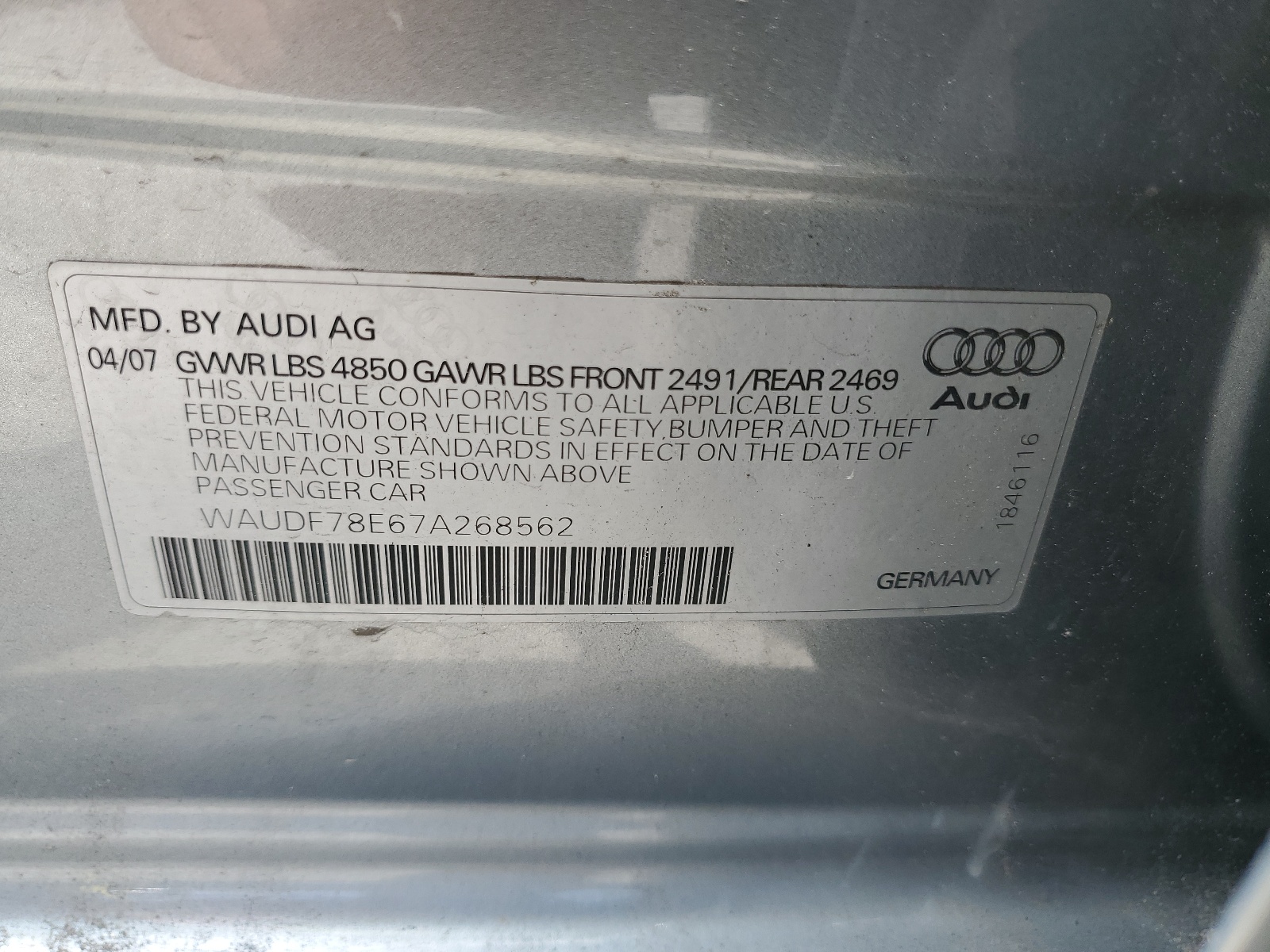 WAUDF78E67A268562 2007 Audi A4 2.0T Quattro