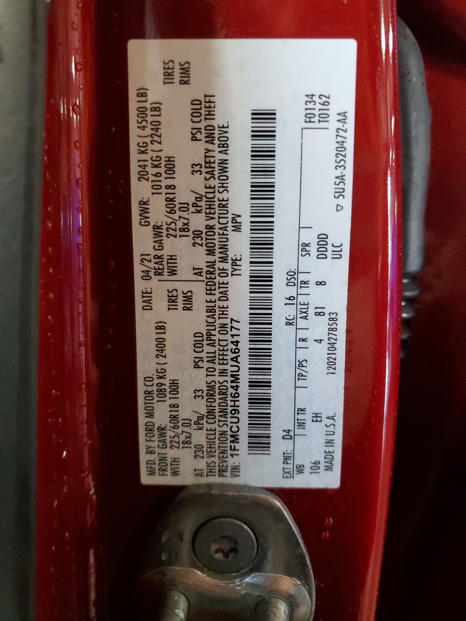 1FMCU9H64MUA64177 2021 Ford Escape Sel