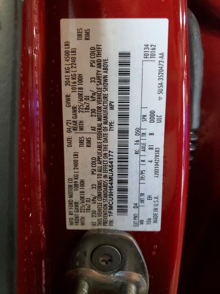 2021 Ford Escape Sel VIN: 1FMCU9H64MUA64177 Lot: 63855784