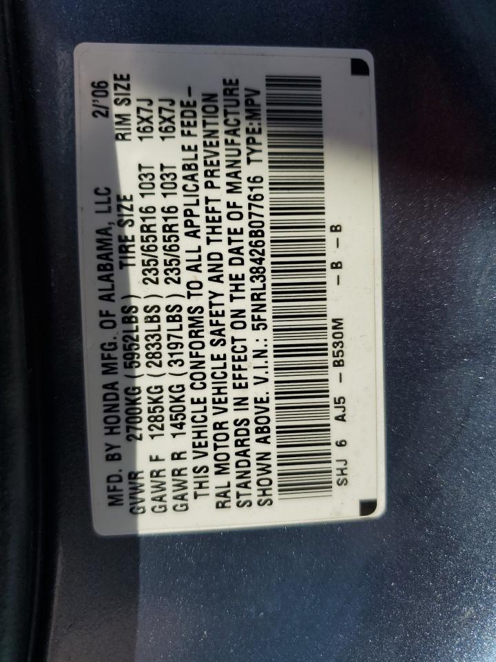 2006 Honda Odyssey Ex VIN: 5FNRL38426B077616 Lot: 64131924