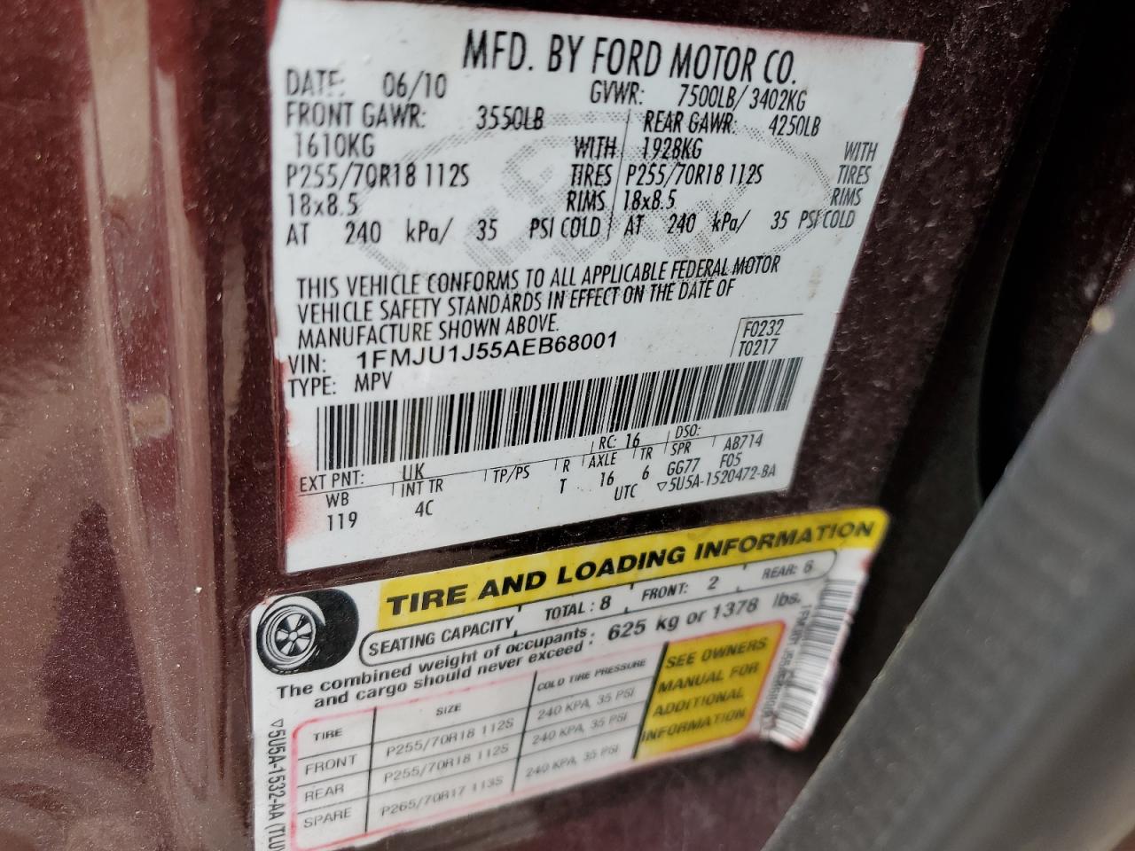 2010 Ford Expedition Eddie Bauer VIN: 1FMJU1J55AEB68001 Lot: 62886894