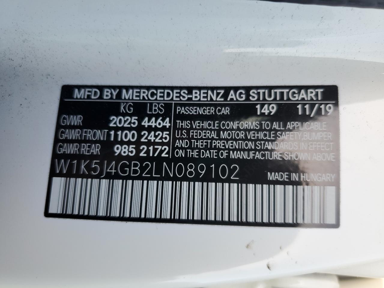 2020 Mercedes-Benz Cla 250 VIN: W1K5J4GB2LN089102 Lot: 61100304