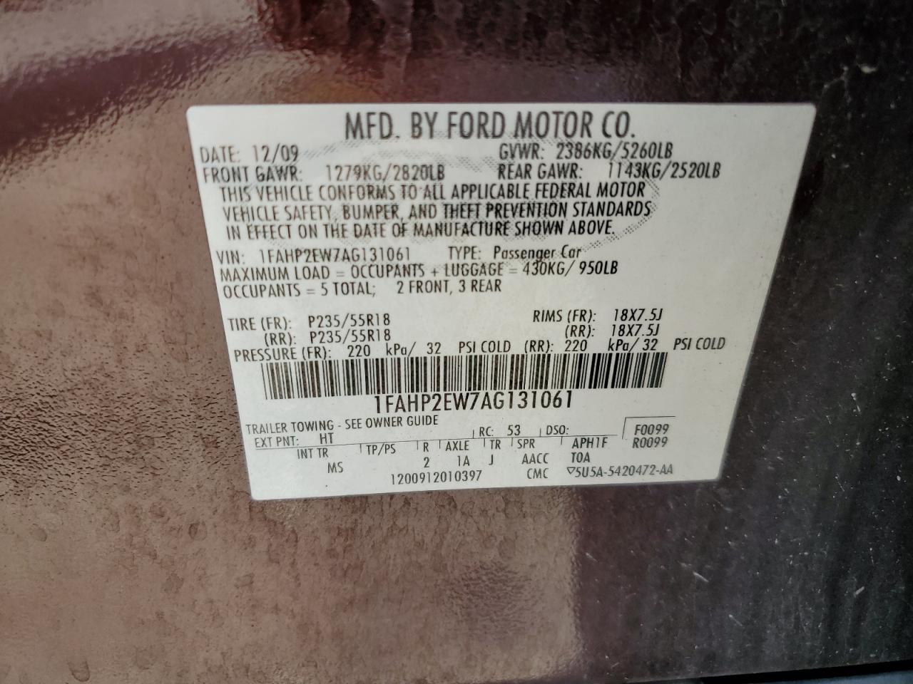 2010 Ford Taurus Sel VIN: 1FAHP2EW7AG131061 Lot: 62242174