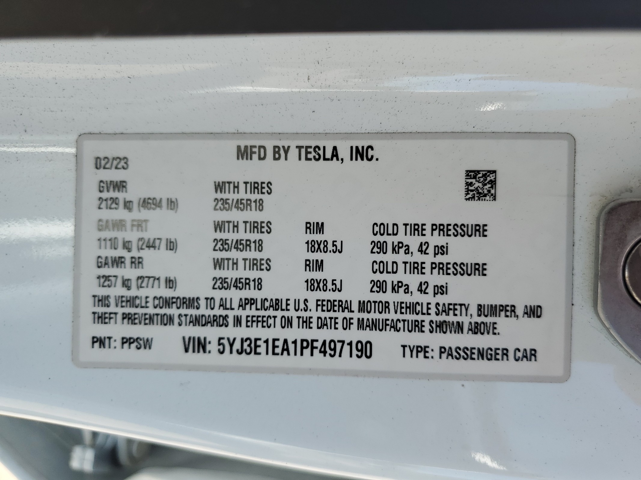 5YJ3E1EA1PF497190 2023 Tesla Model 3