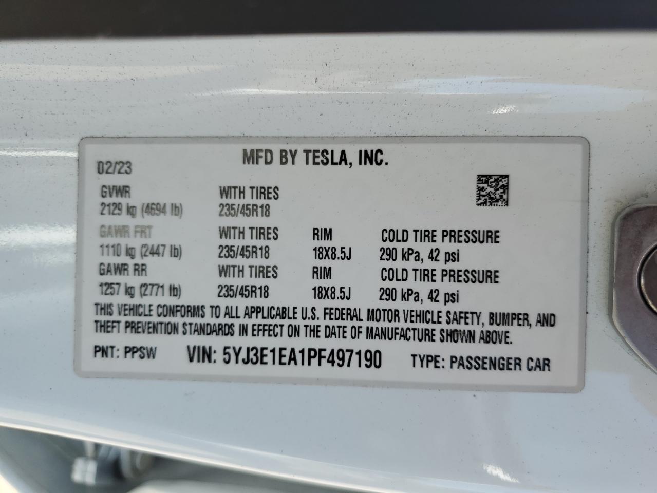 2023 Tesla Model 3 VIN: 5YJ3E1EA1PF497190 Lot: 60122834