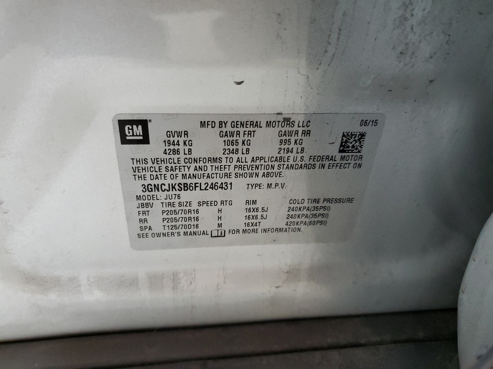 3GNCJKSB6FL246431 2015 Chevrolet Trax Ls