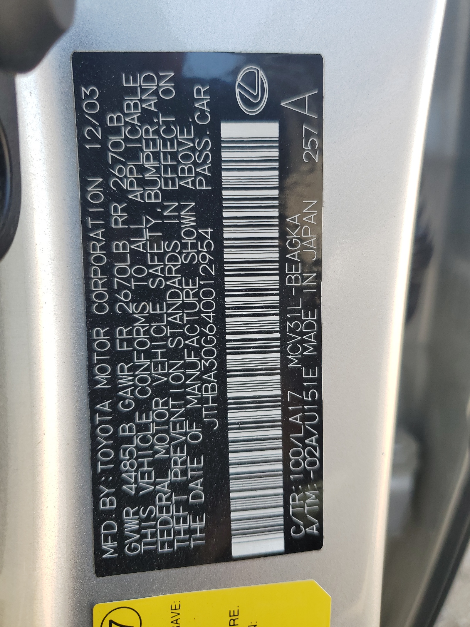 JTHBA30G640012954 2004 Lexus Es 330