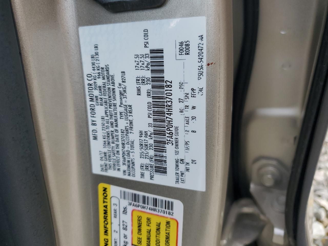 2017 Ford Fusion Se VIN: 3FA6P0H74HR370182 Lot: 64032164