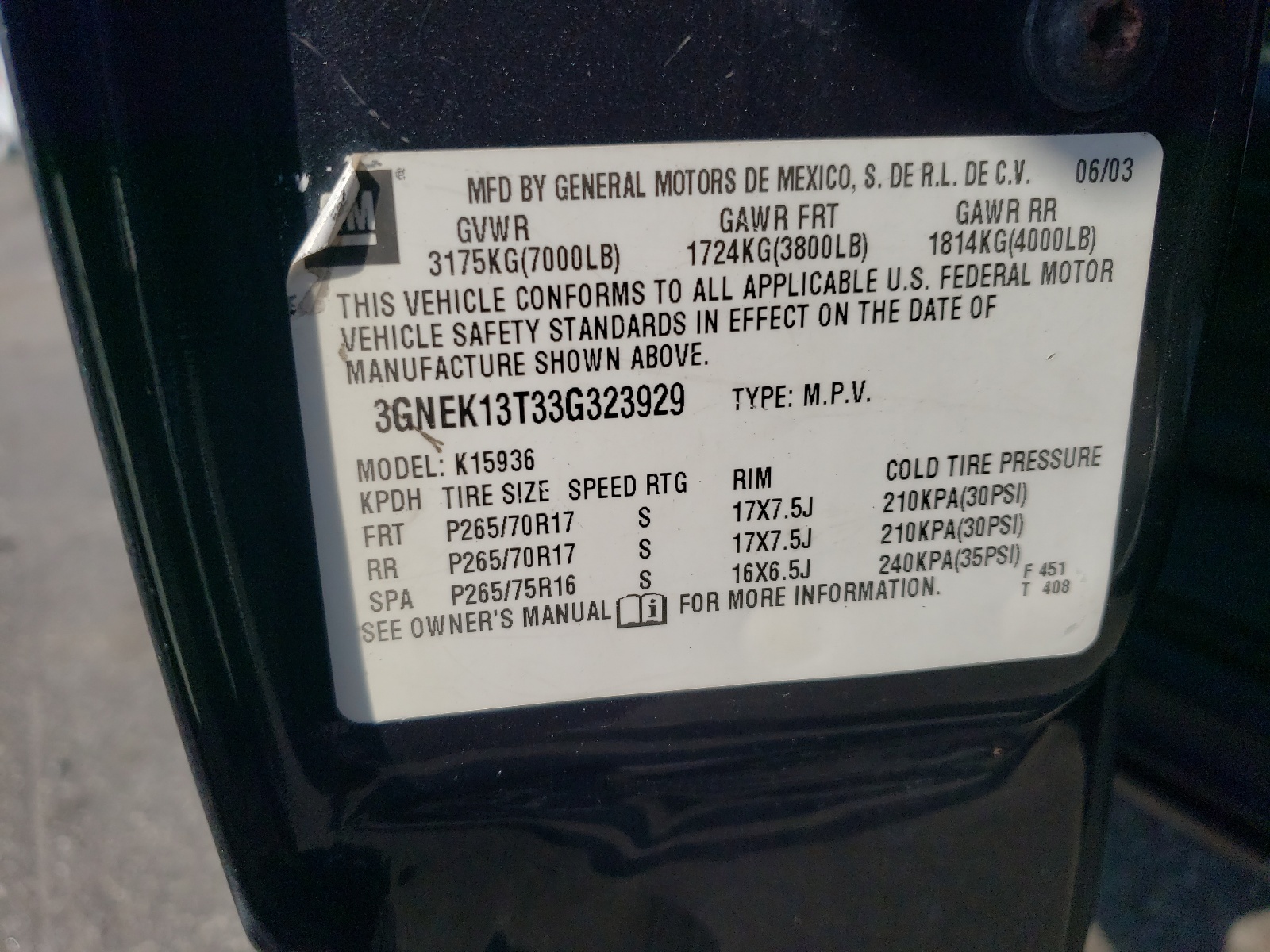 3GNEK13T33G323929 2003 Chevrolet Avalanche K1500