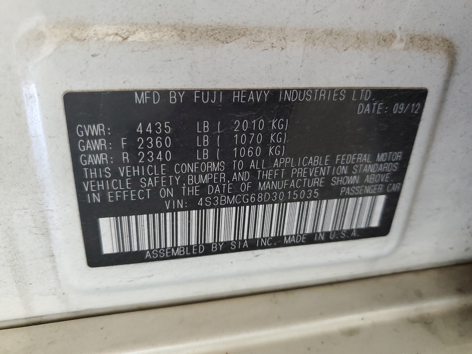 4S3BMCG68D3015035 2013 Subaru Legacy 2.5I Premium