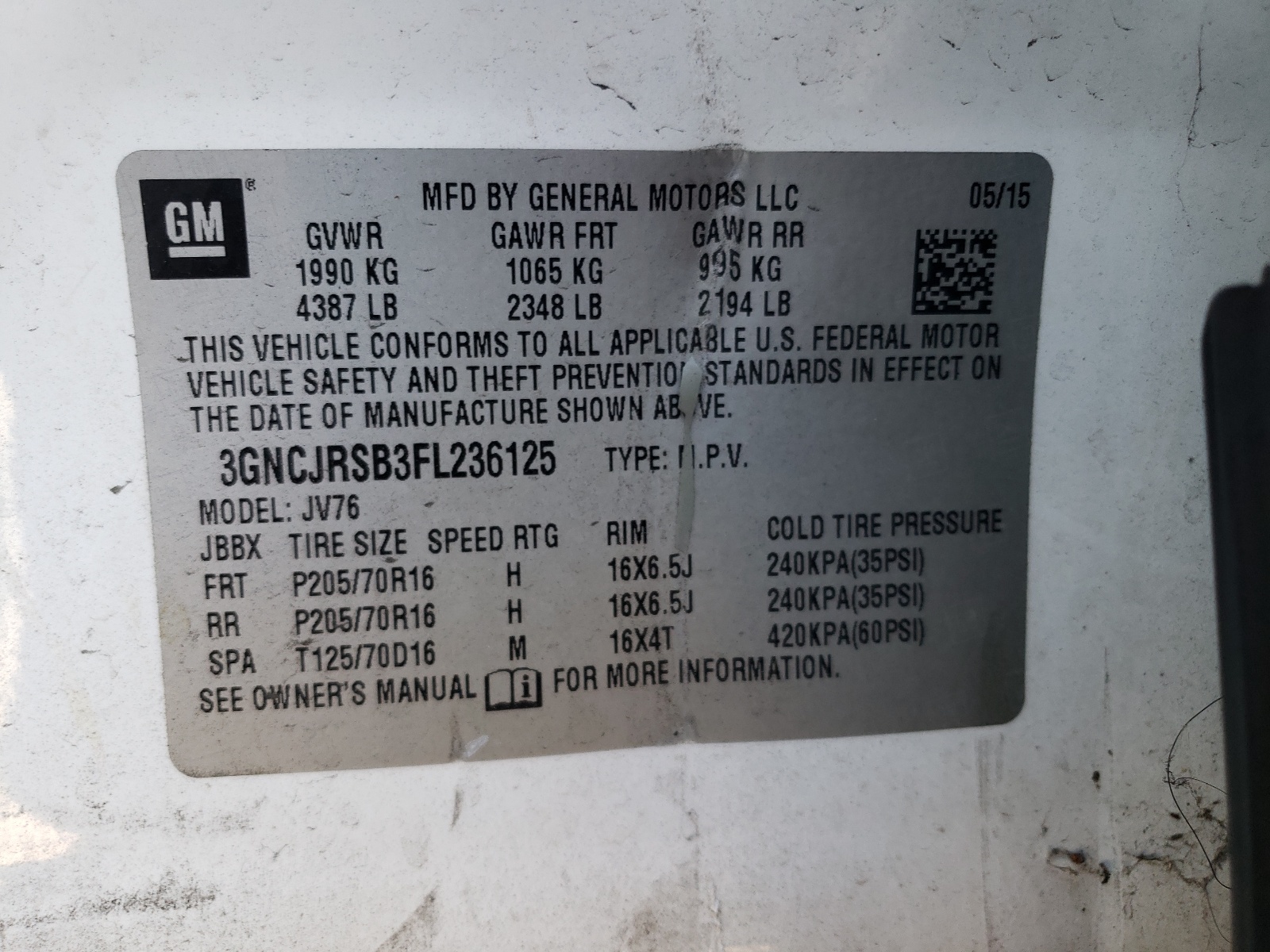 3GNCJRSB3FL236125 2015 Chevrolet Trax 1Lt