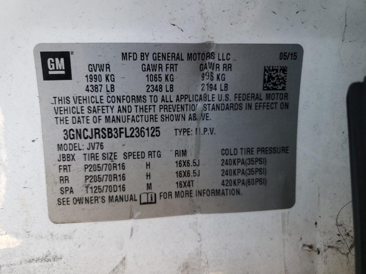 2015 Chevrolet Trax 1Lt VIN: 3GNCJRSB3FL236125 Lot: 62462654