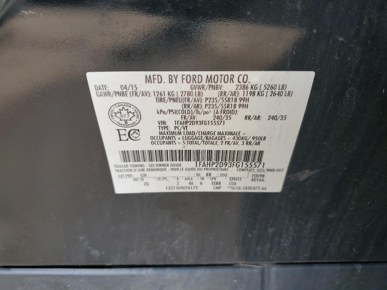 2015 Ford Taurus Se VIN: 1FAHP2D93FG155571 Lot: 63755844