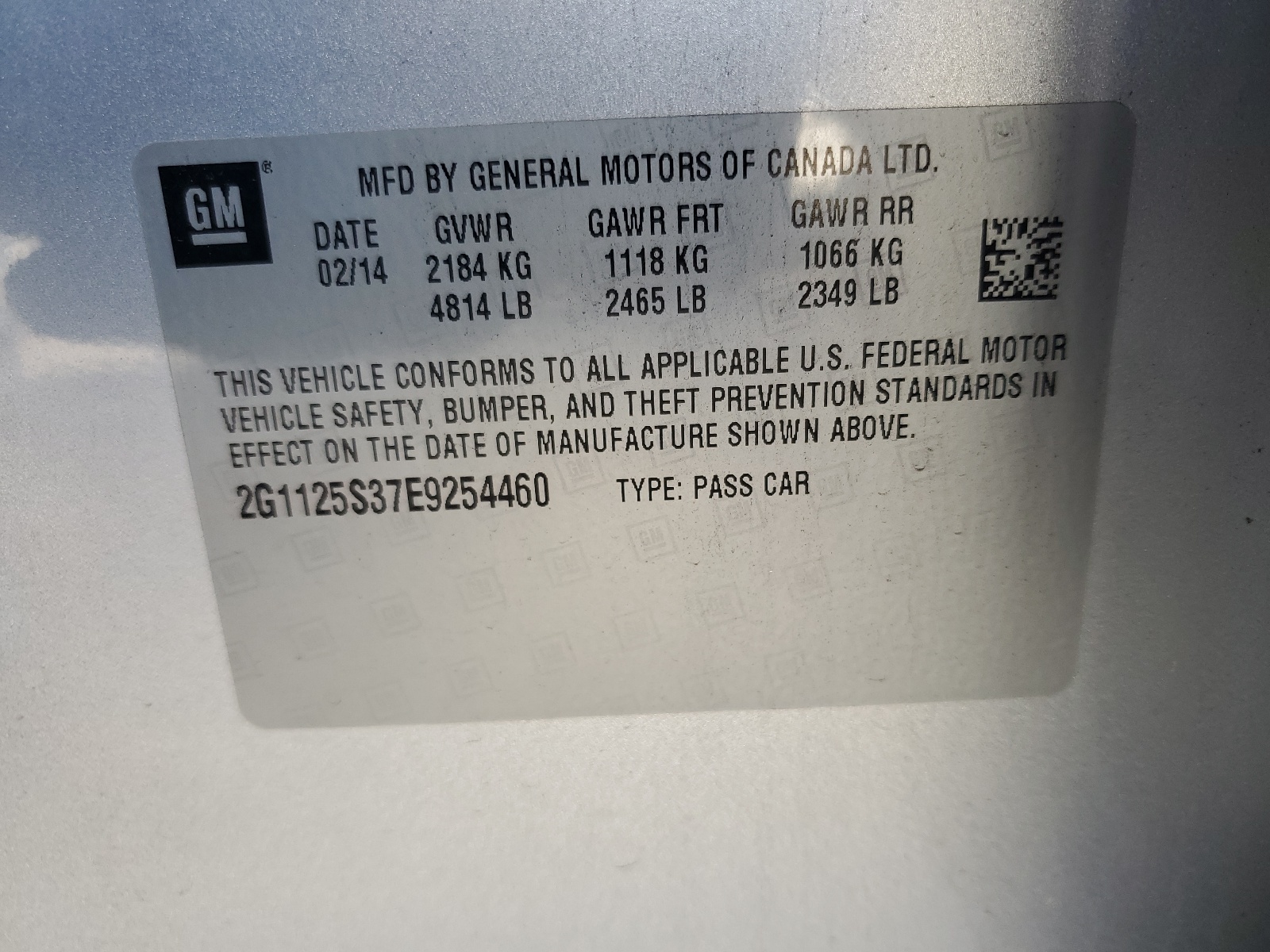 2G1125S37E9254460 2014 Chevrolet Impala Lt