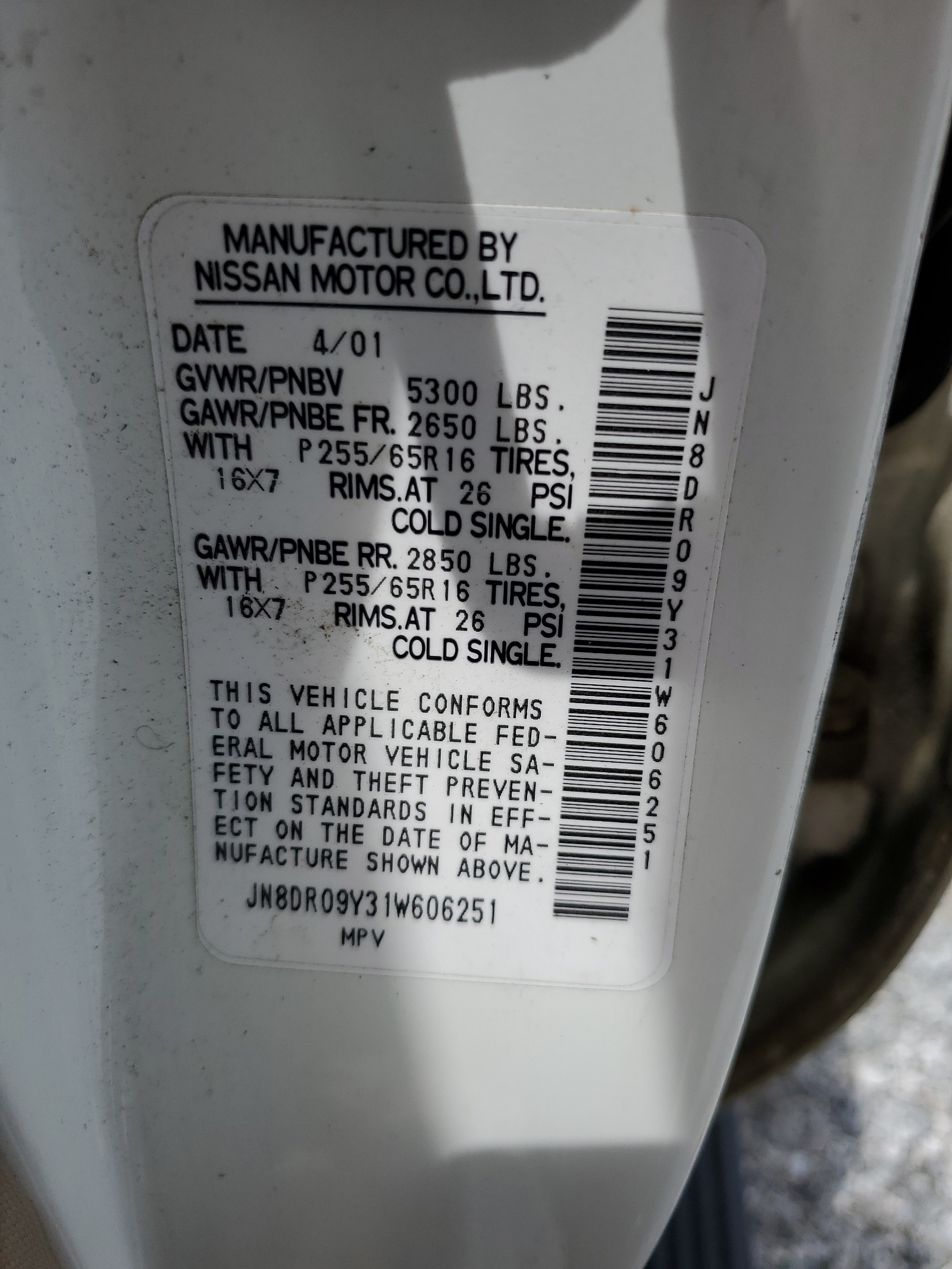 JN8DR09Y31W606251 2001 Nissan Pathfinder Le