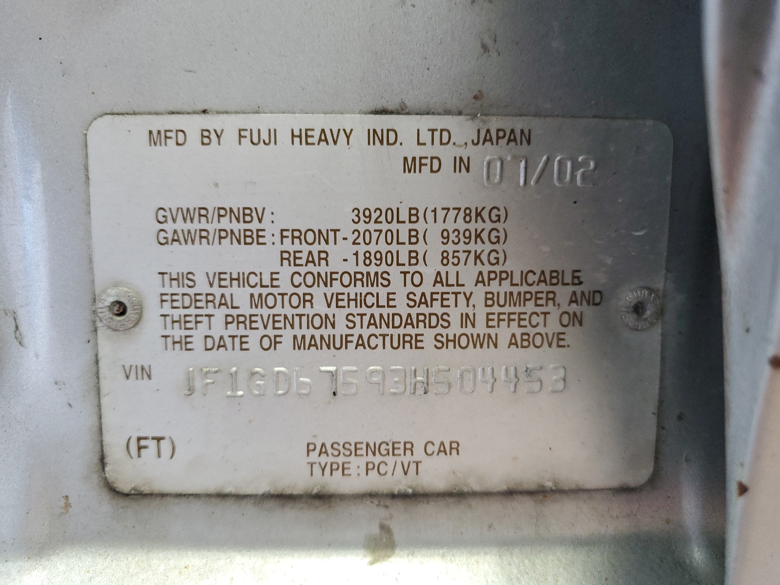 JF1GD67593H504453 2003 Subaru Impreza Rs