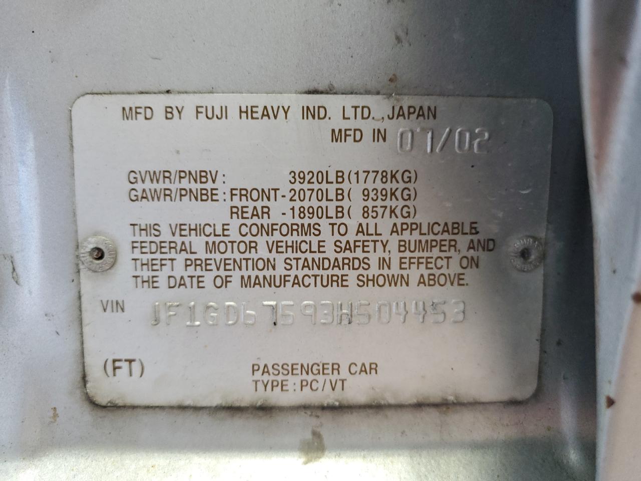 2003 Subaru Impreza Rs VIN: JF1GD67593H504453 Lot: 62300894