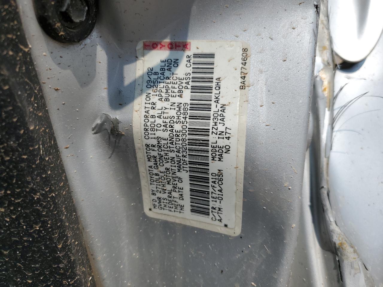 2003 Toyota Mr2 Spyder VIN: JTDFR320830054889 Lot: 64389404