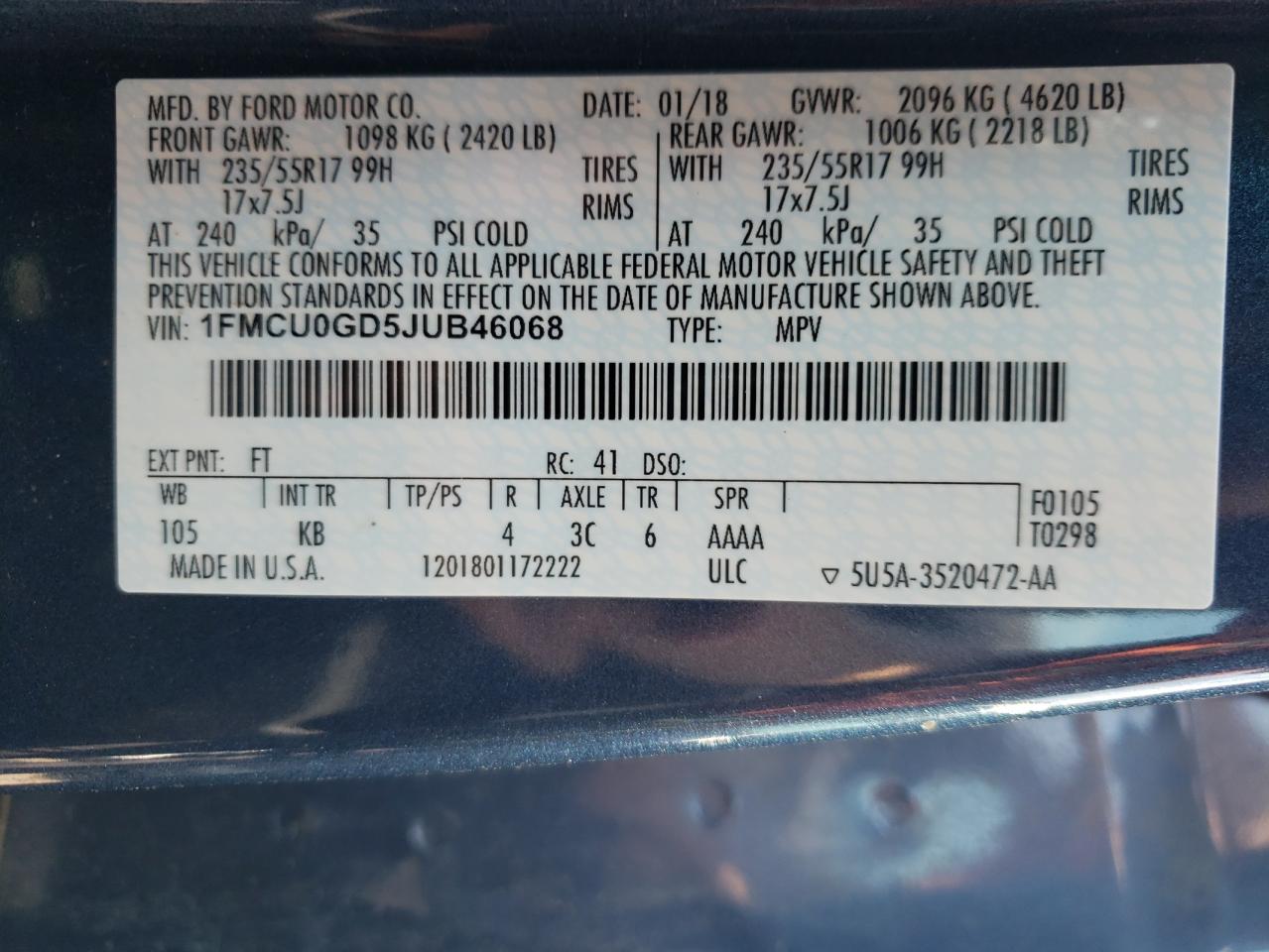 2018 Ford Escape Se VIN: 1FMCU0GD5JUB46068 Lot: 62913714