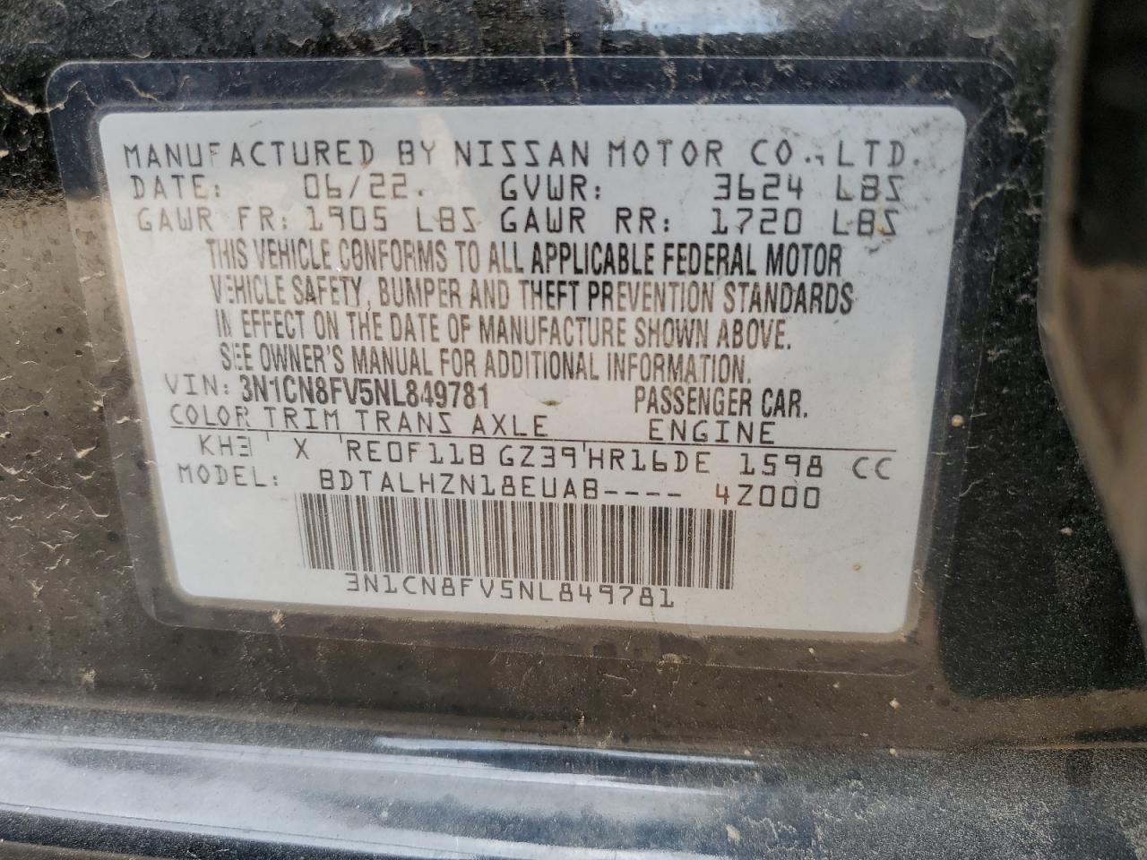 2022 Nissan Versa Sr VIN: 3N1CN8FV5NL849781 Lot: 64266854