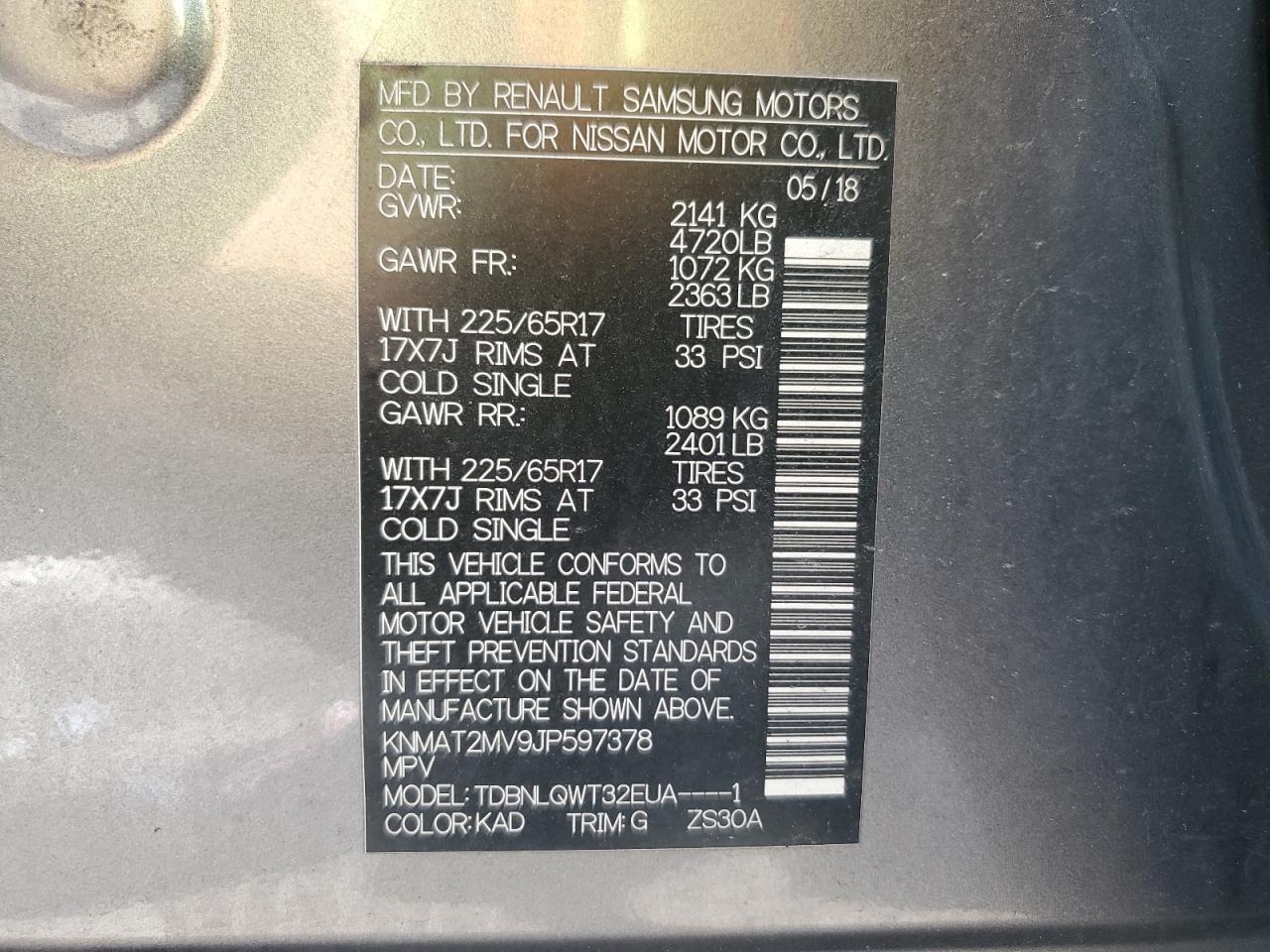 2018 Nissan Rogue S VIN: KNMAT2MV9JP597378 Lot: 63869534