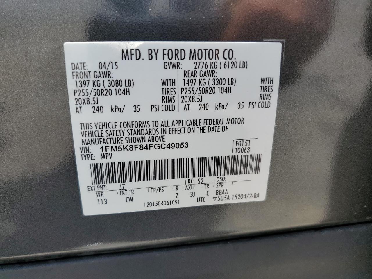 2015 Ford Explorer Limited VIN: 1FM5K8F84FGC49053 Lot: 64014294