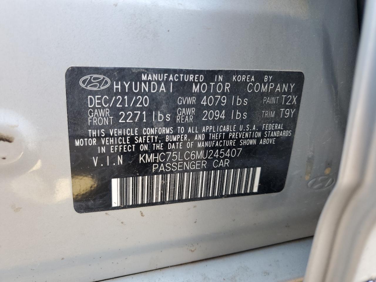 KMHC75LC6MU245407 2021 Hyundai Ioniq Se