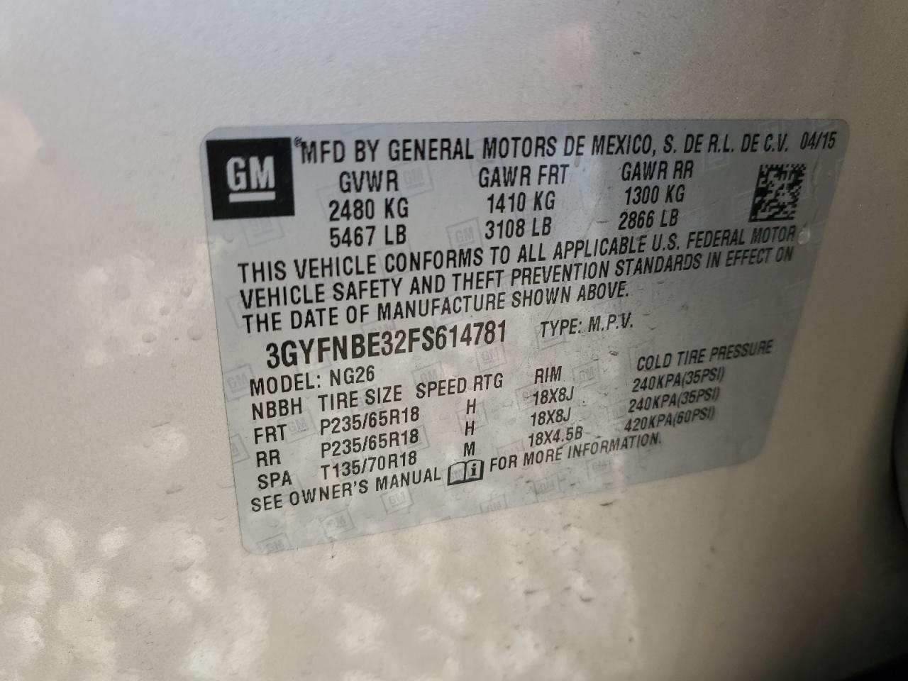 2015 Cadillac Srx Luxury Collection VIN: 3GYFNBE32FS614781 Lot: 63452244