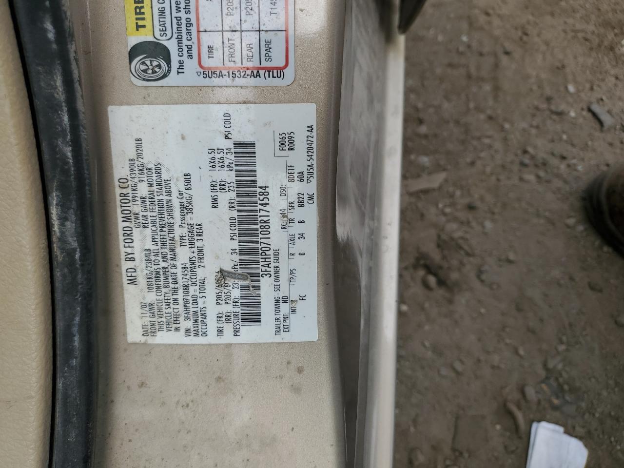 2008 Ford Fusion Se VIN: 3FAHP07108R174584 Lot: 64447904