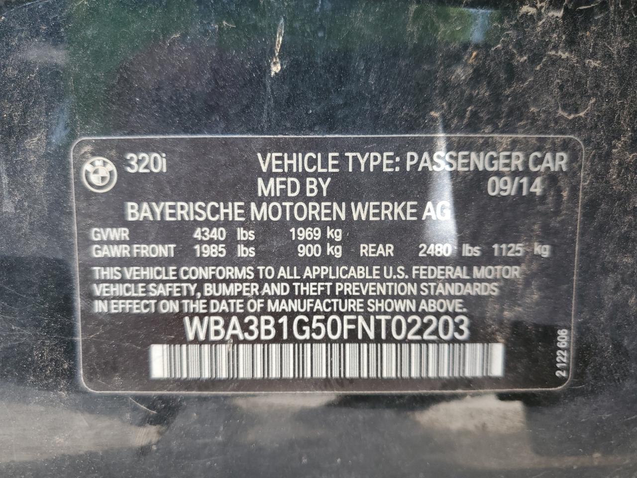 2015 BMW 320 I VIN: WBA3B1G50FNT02203 Lot: 65568024