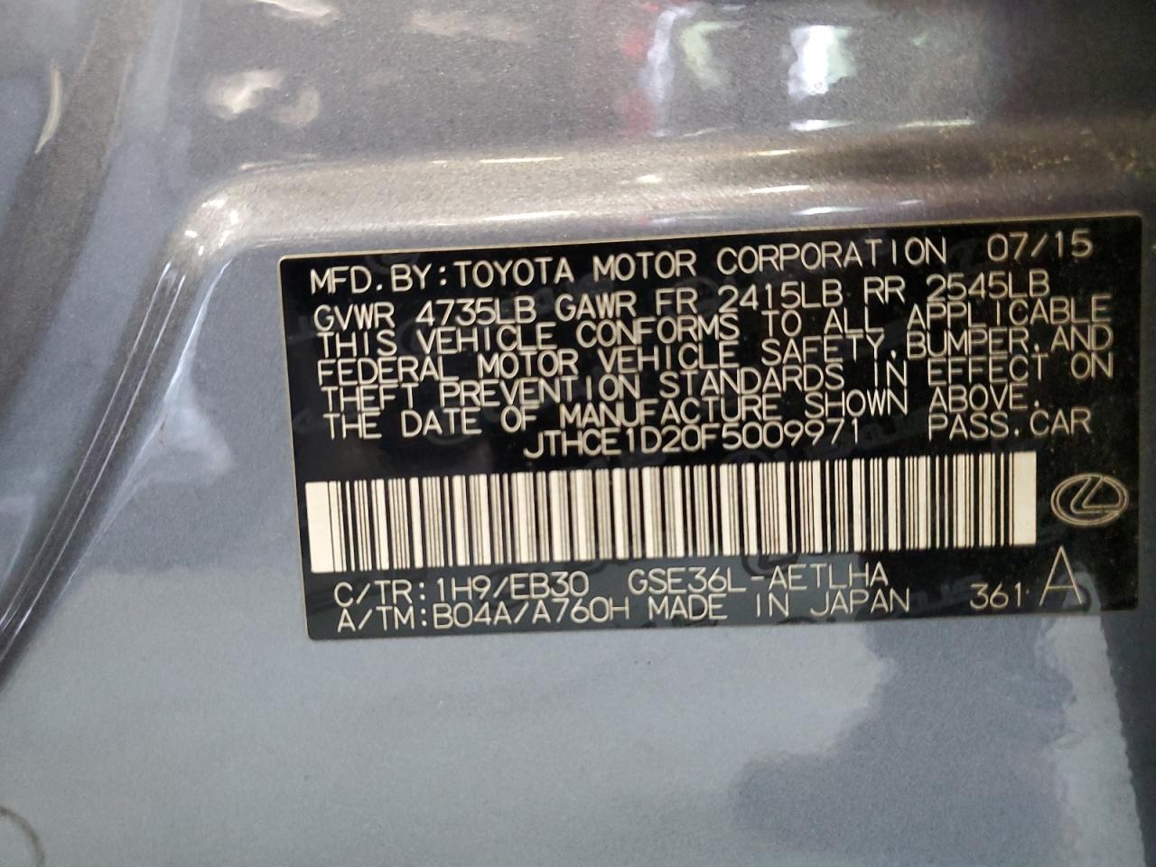 2015 Lexus Is 350 VIN: JTHCE1D20F5009971 Lot: 63695724