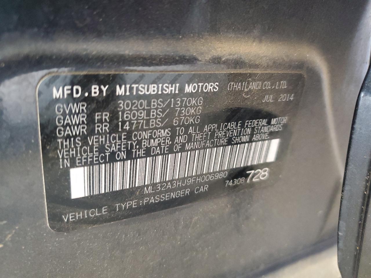 2015 Mitsubishi Mirage De VIN: ML32A3HJ9FH006980 Lot: 64762164