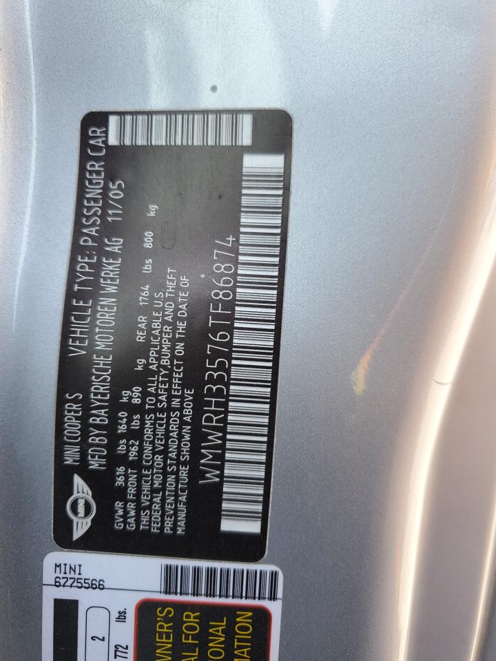 2006 Mini Cooper S VIN: WMWRH33576TF86874 Lot: 65088254