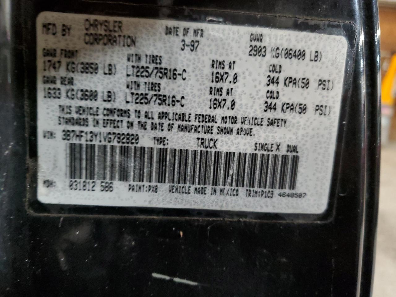 1997 Dodge Ram 1500 VIN: 3B7HF13Y1VG792820 Lot: 65103044