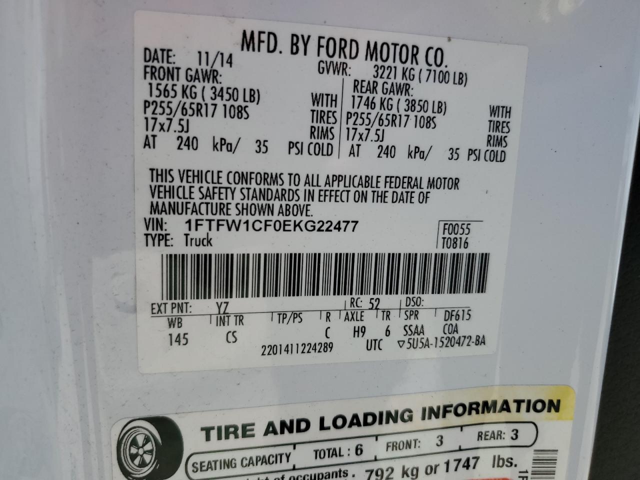 2022 Ford F150 Supercrew VIN: 1FTFW1CF0EKG22477 Lot: 61163634