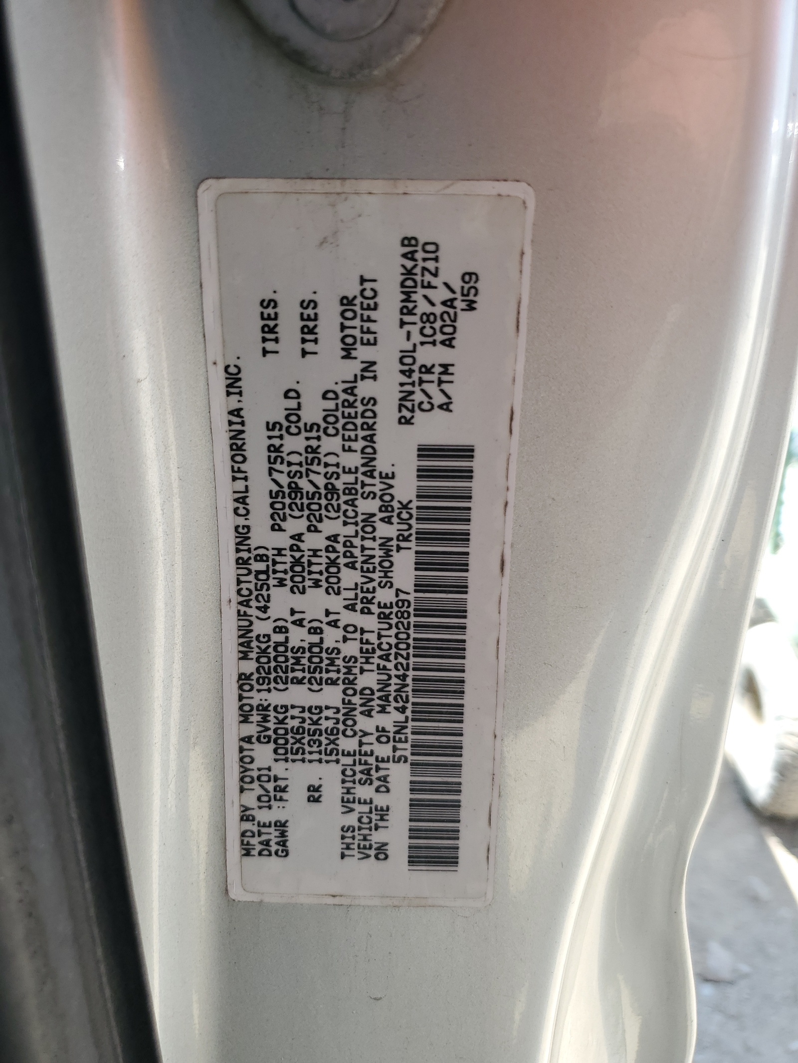 5TENL42N42Z002897 2002 Toyota Tacoma