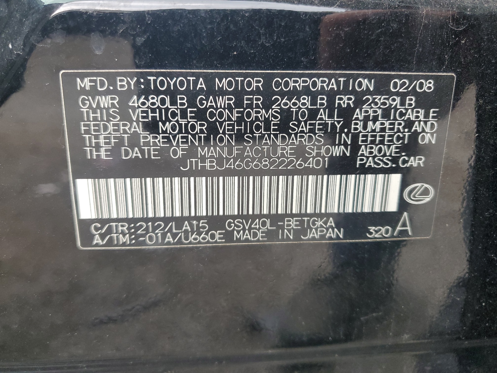 JTHBJ46G682226401 2008 Lexus Es 350