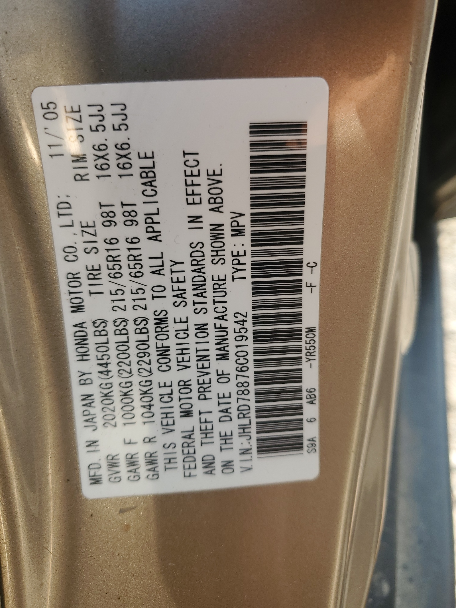 JHLRD78876C019542 2006 Honda Cr-V Ex