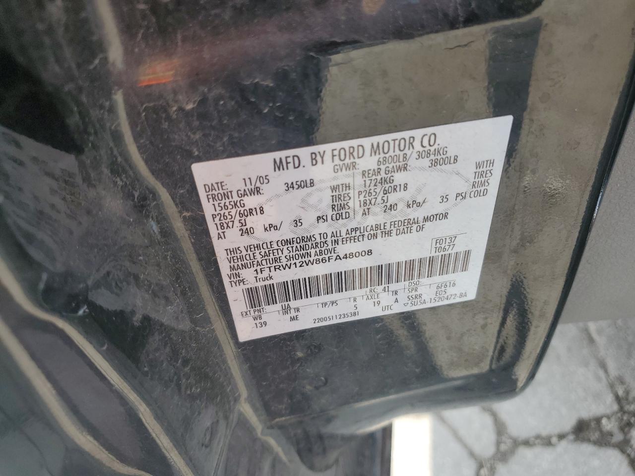 2006 Ford F150 Supercrew VIN: 1FTRW12W86FA48008 Lot: 62286094