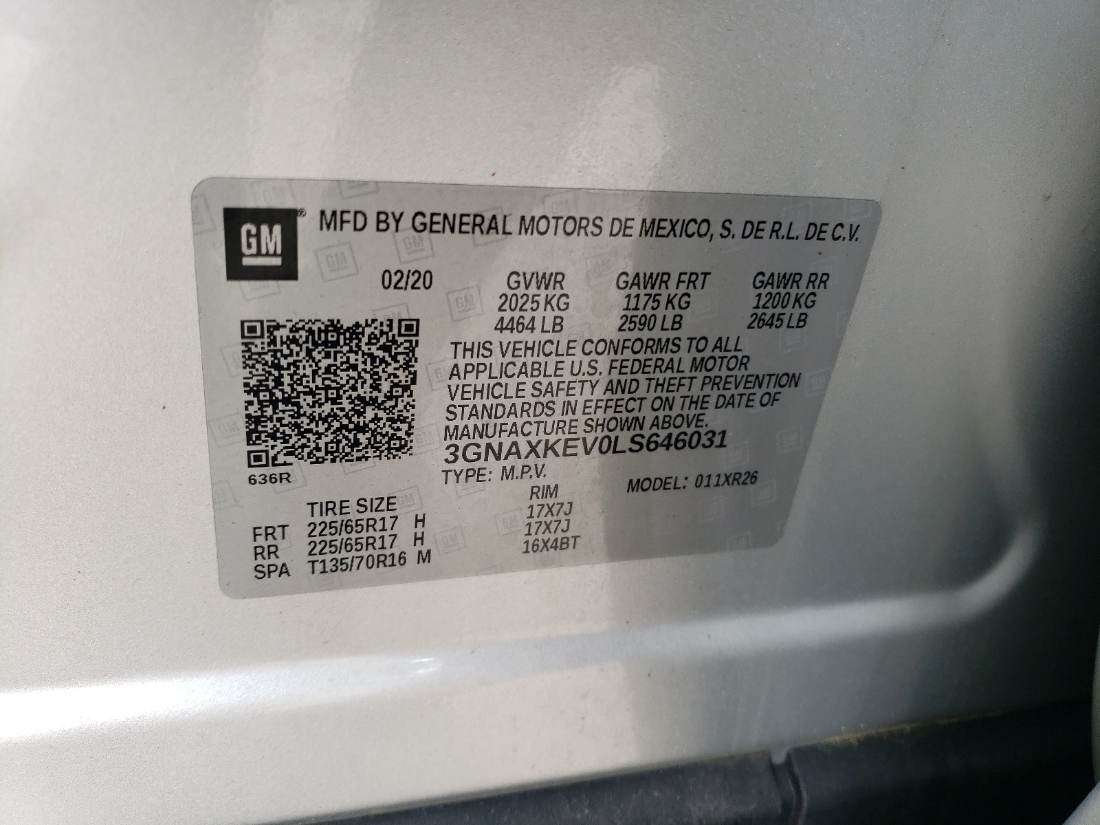 3GNAXKEV0LS646031 2020 Chevrolet Equinox Lt