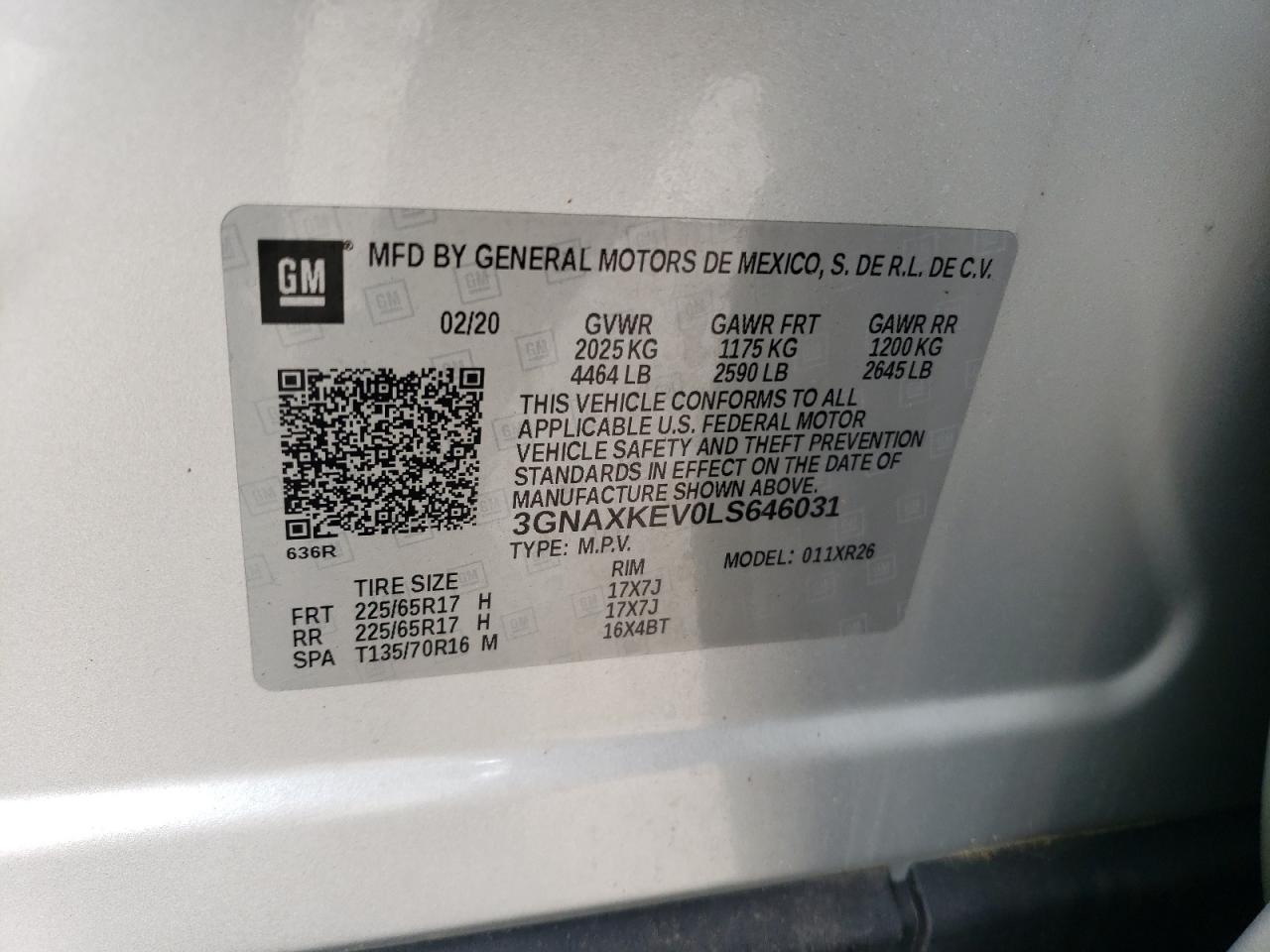 2020 Chevrolet Equinox Lt VIN: 3GNAXKEV0LS646031 Lot: 64374374