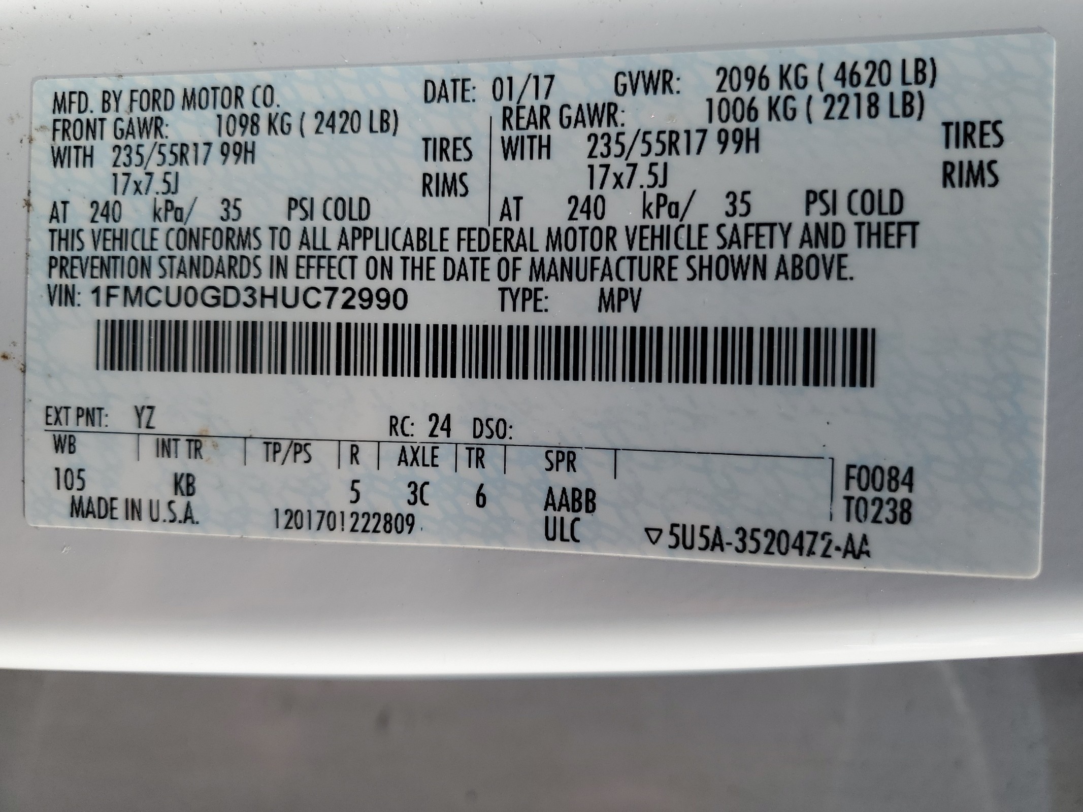 1FMCU0GD3HUC72990 2017 Ford Escape Se