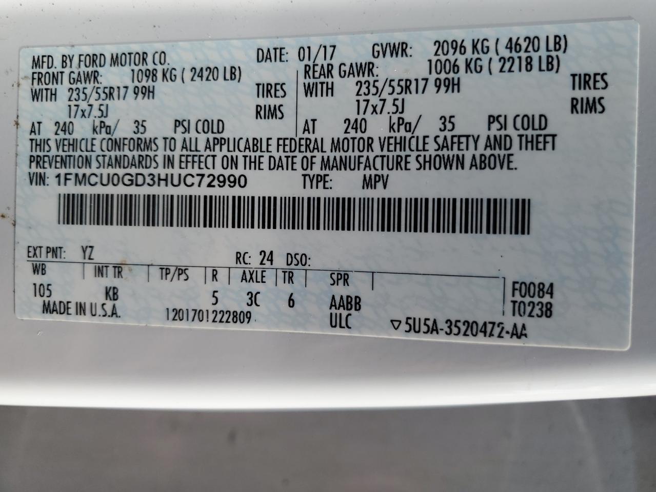 2017 Ford Escape Se VIN: 1FMCU0GD3HUC72990 Lot: 61937454