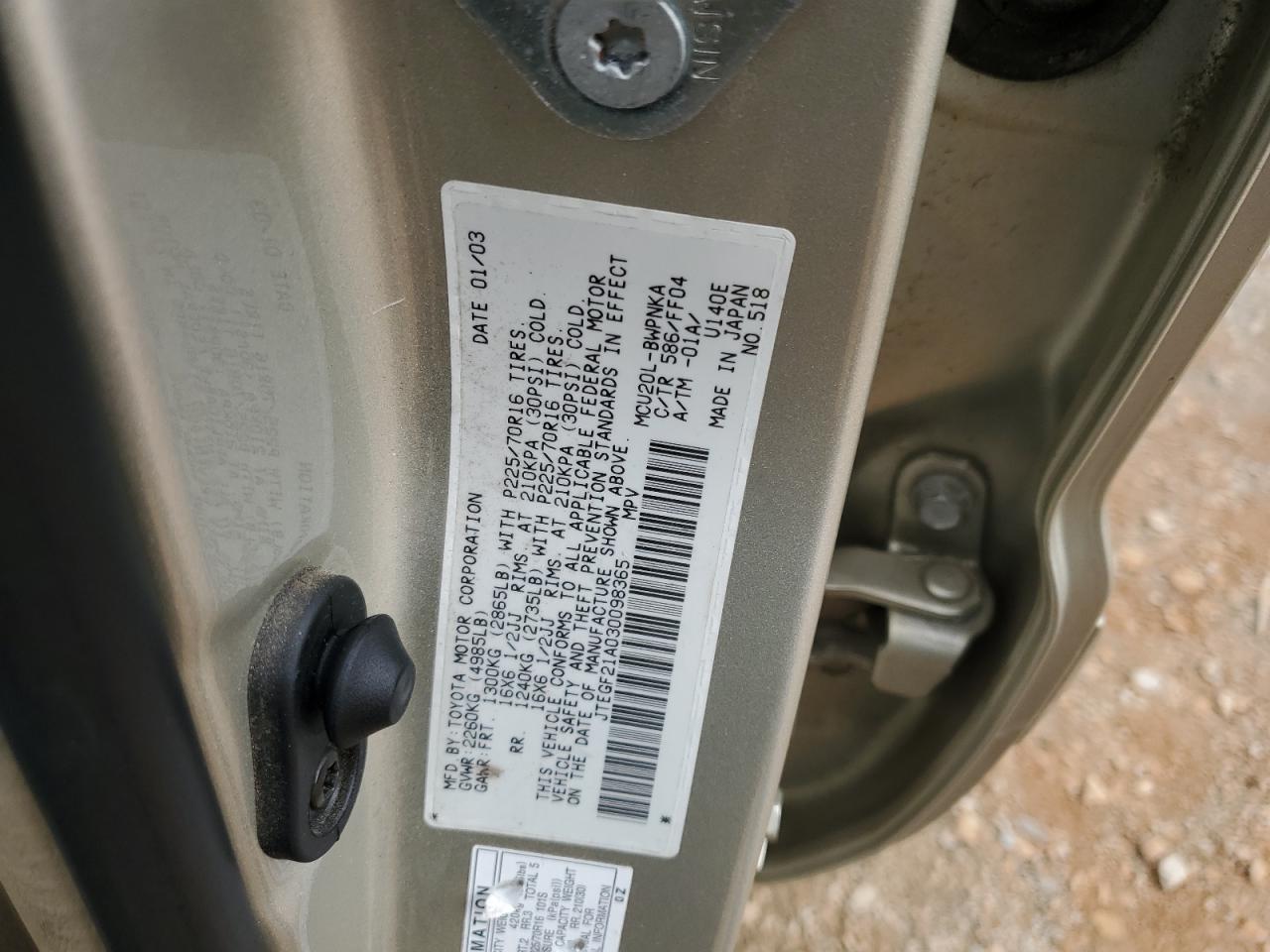 2003 Toyota Highlander Limited VIN: JTEGF21A030098365 Lot: 65028084