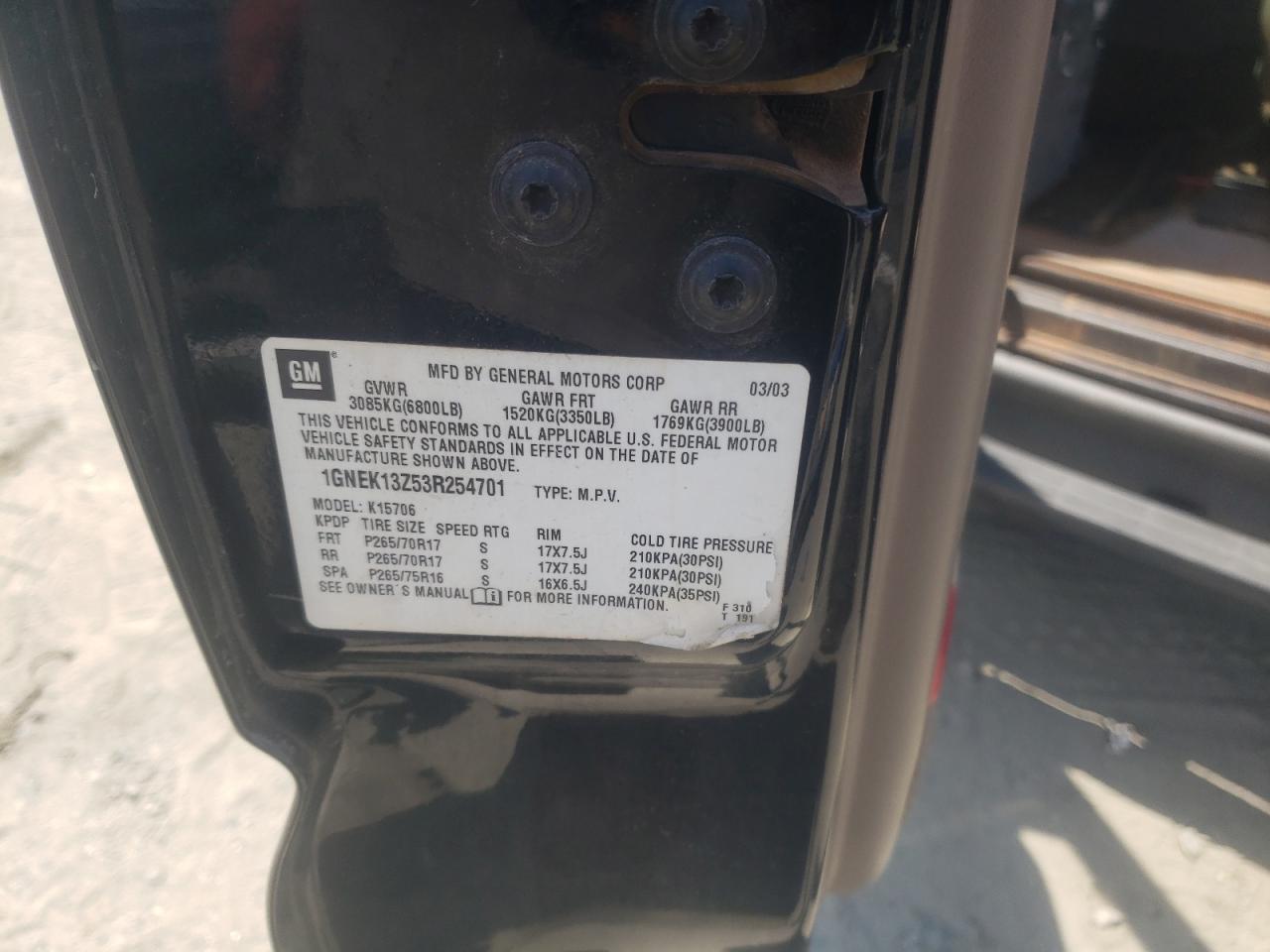 2003 Chevrolet Tahoe K1500 VIN: 1GNEK13Z53R254701 Lot: 61518374