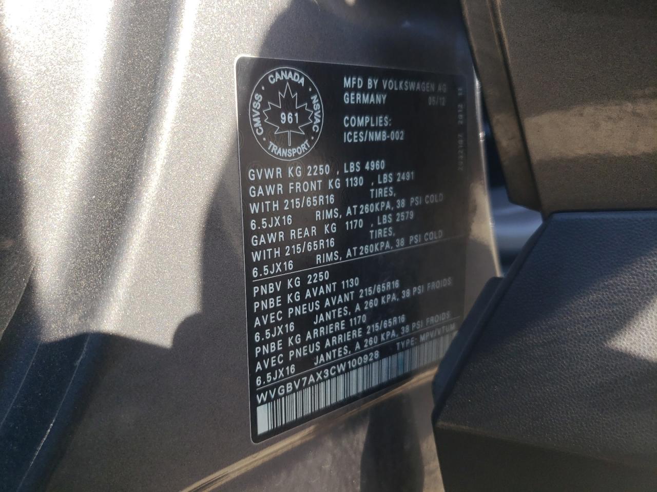 2012 Volkswagen Tiguan S VIN: WVGBV7AX3CW100928 Lot: 61745994