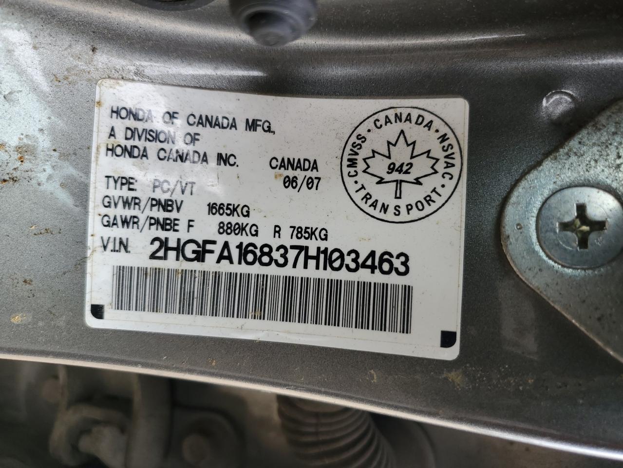 2007 Honda Civic Ex VIN: 2HGFA16837H103463 Lot: 61303204
